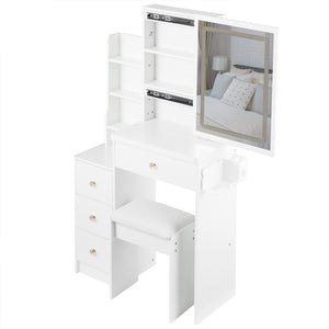 English Elm 29.2" Stylish Left Bedside Vanity Table Set With Led Mirror, Power Station & Cushioned Stool For Small Spaces W936P202468
