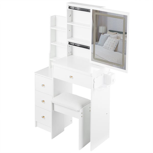 English Elm 29.2" Stylish Left Bedside Vanity Table Set With Led Mirror, Power Station & Cushioned Stool For Small Spaces W936P202468