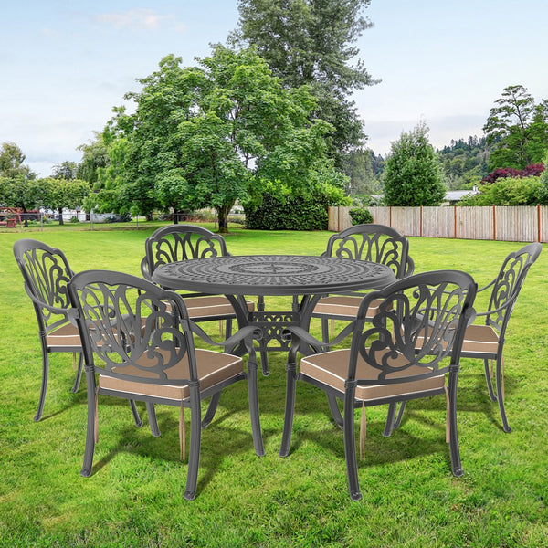 English Elm 7-Piece Cast Aluminum Patio Furniture Set With Plush Brown Cushions For Stylish Outdoor Dining W1710S00486