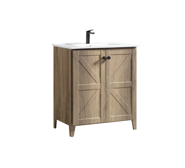 English Elm 30 Inch Floating Bathroom Vanity Fluted Wood Grain Front with Ceramic Integrated Sink Antique Grey W3520S00032