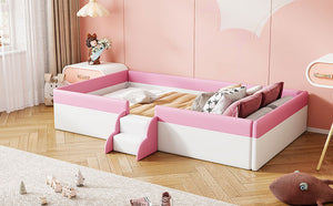 English Elm Twin Upholstered Daybed Frame with Fence & Stairs in Pink+White, PU Comfort, 10 Slats, 300lb Capacity SF000153AAH