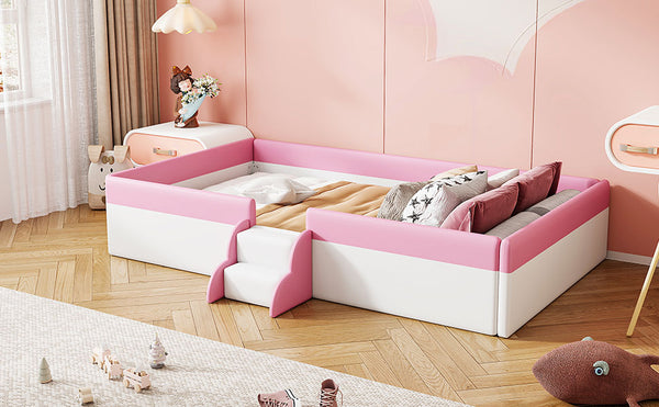 English Elm Twin Upholstered Daybed Frame with Fence & Stairs in Pink+White, PU Comfort, 10 Slats, 300lb Capacity SF000153AAH