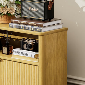 English Elm Shoe Cabinet Slim Entryway Organizer with Flip Compartments Wave Front and Gold Hardware Natural W1162P384346