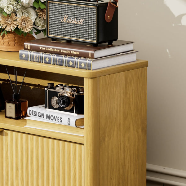 English Elm Shoe Cabinet Slim Entryway Organizer with Flip Compartments Wave Front and Gold Hardware Natural W1162P384346