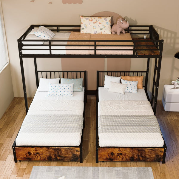 English Elm Triple Bunk Bed Steel Frame Sleeps Three Kids with Noise Reduced Powder Coated Design W3752S00004