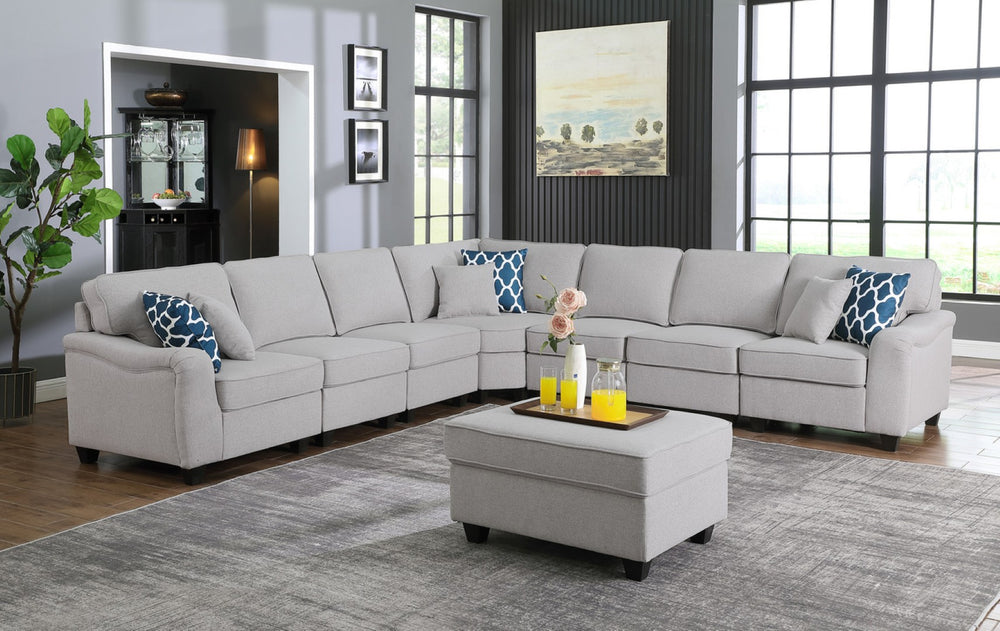 English Elm Luce Eight Piece Modular Sectional Linen Sofa with Ottoman for Spacious Living Rooms B2749S00090