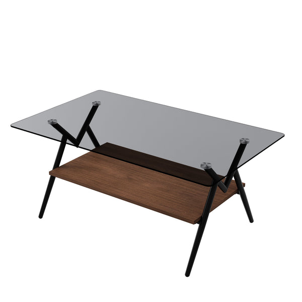 English Elm Coffee Table Set Of 3 With Gray Tempered Glass Top, Stylish Mdf Shelf & Iron Legs For Modern Living W241S00047