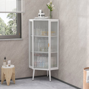 English Elm 22.25'' Floor Corner Cabinet with Tempered Glass Doors, Three-Tier Metal Frame Storage for Home White W757P180793