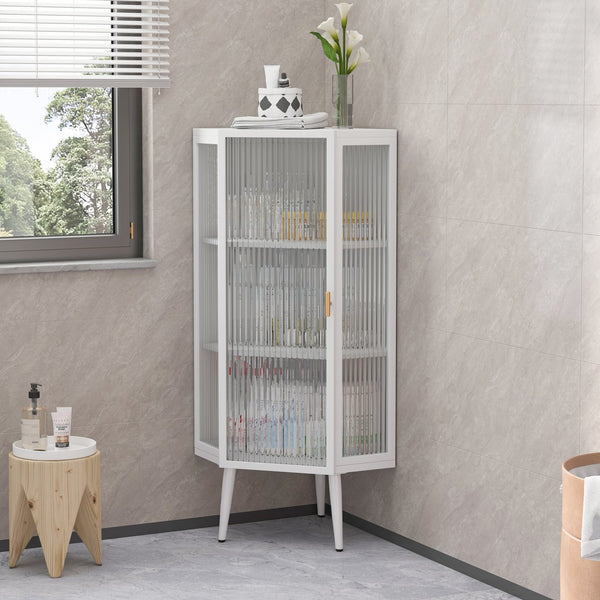 English Elm 22.25'' Floor Corner Cabinet with Tempered Glass Doors, Three-Tier Metal Frame Storage for Home White W757P180793