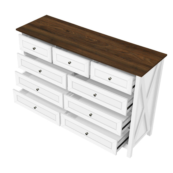 English Elm Wood Rustic Storage Dresser with 9 Drawers, Silver Handles and X Side Accents for Stylish Storage White N709P288888K