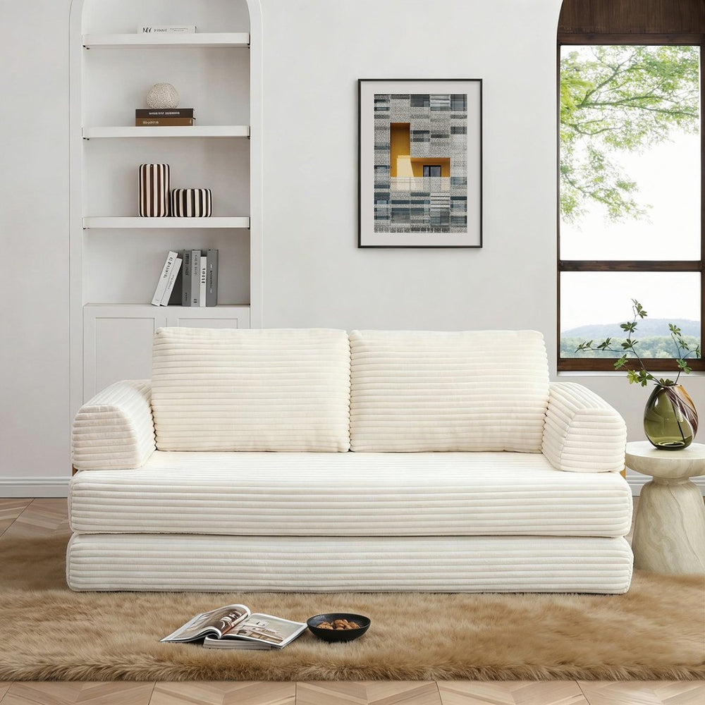 English Elm Convertible Floor Sofa Futon with Corduroy Upholstery for Living Room Lounging and Sleeping Beige W1117P434687