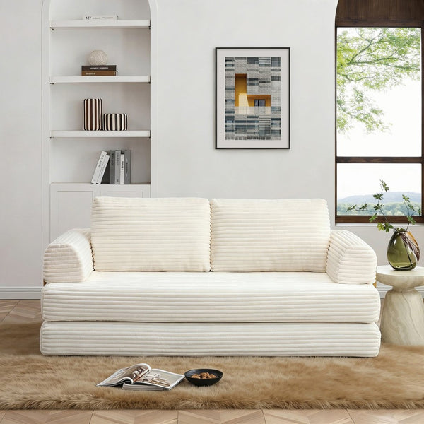English Elm Convertible Floor Sofa Futon with Corduroy Upholstery for Living Room Lounging and Sleeping Beige W1117P434687