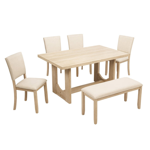 English Elm 6 Piece Light Oak Dining Set with Bench Upholstered Linen Chairs U-shaped Base W1998S00094