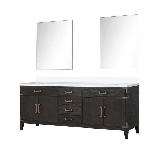 English Elm Brown Oak Double Bath Vanity Set With Cultured Marble Top & 36" Mirrors | Stylish Storage Solution B2731S01624