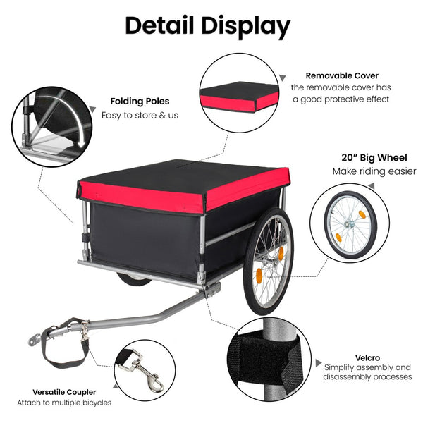 English Elm Foldable Bike Cargo Trailer with 20 Inch Tires Steel Frame and Weatherproof Oxford Cover Red W2932P405183