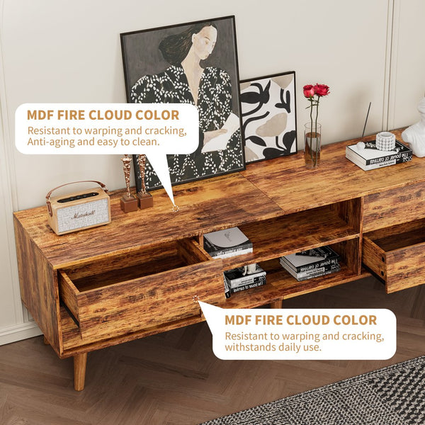 English Elm 63 Vintage Bevel TV Stand 63-inch Media Console with Drawers and Open Shelves, Rustic Artful Design Brown W578P193297