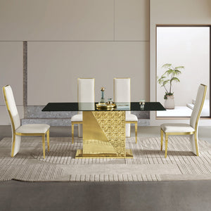 English Elm Gold Stainless Steel Dining Table With 70.08" Black Tempered Glass Top - Modern Elegance Redefined! W2723S00044