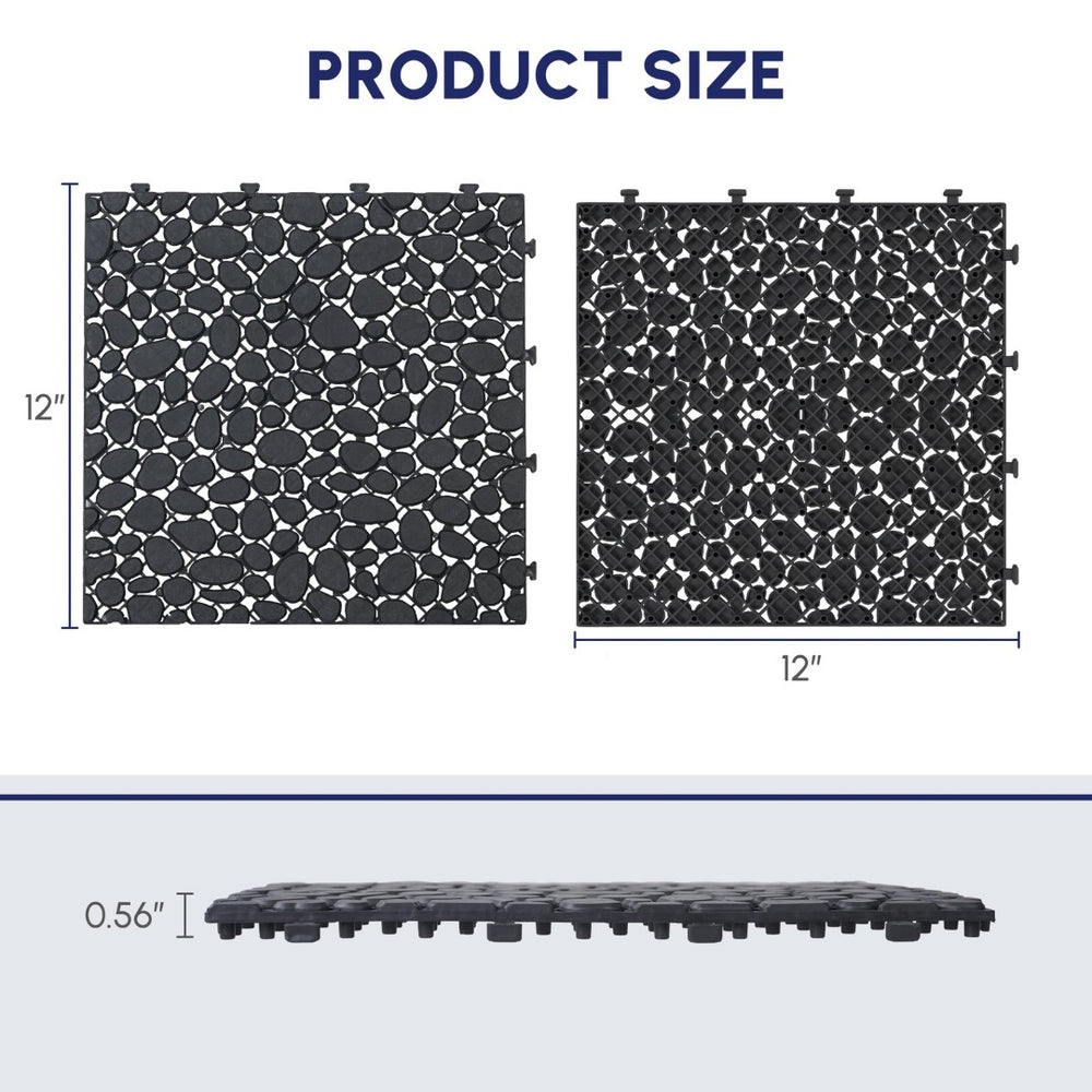 English Elm 12 Inch Interlocking Plastic Deck Tiles Pebble Stone Waterproof Outdoor Patio Pack of 60 Black W2391P189616