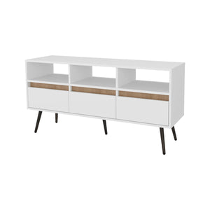 English Elm White White and Natural Oak TV Stand with 3 Drawers, 3 Shelves — Modern Rustic Entertainment Center for Organized Living Room Storage B062P290223
