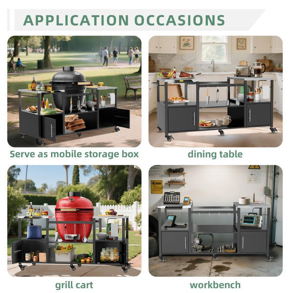 English Elm Outdoor Heavy Duty Steel Kamado Grill Cart with Locking Casters and Storage Boxes W3190P305792