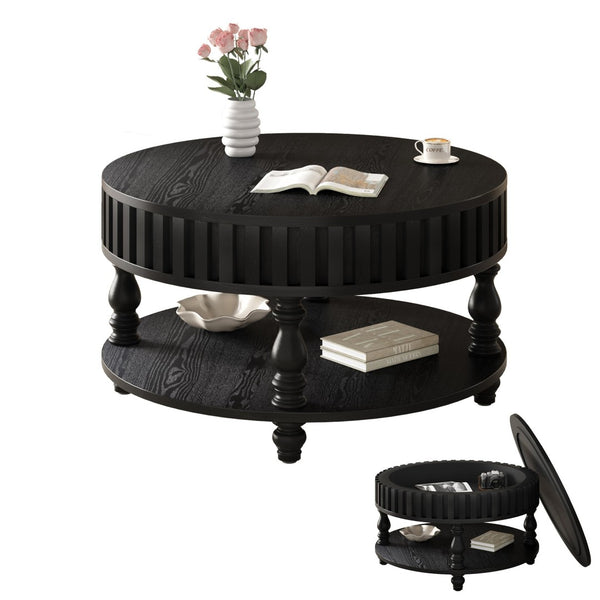 English Elm Farmhouse Fluted Square Coffee Table with Flip Top Hidden Compartment and Open Shelf Black W1445P370482