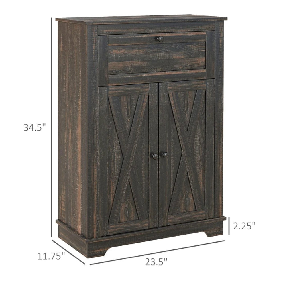 English Elm Storage Cabinet Narrow Farmhouse Sideboard with Drawer X-brace Doors Dark Gray Finish T3971P465264