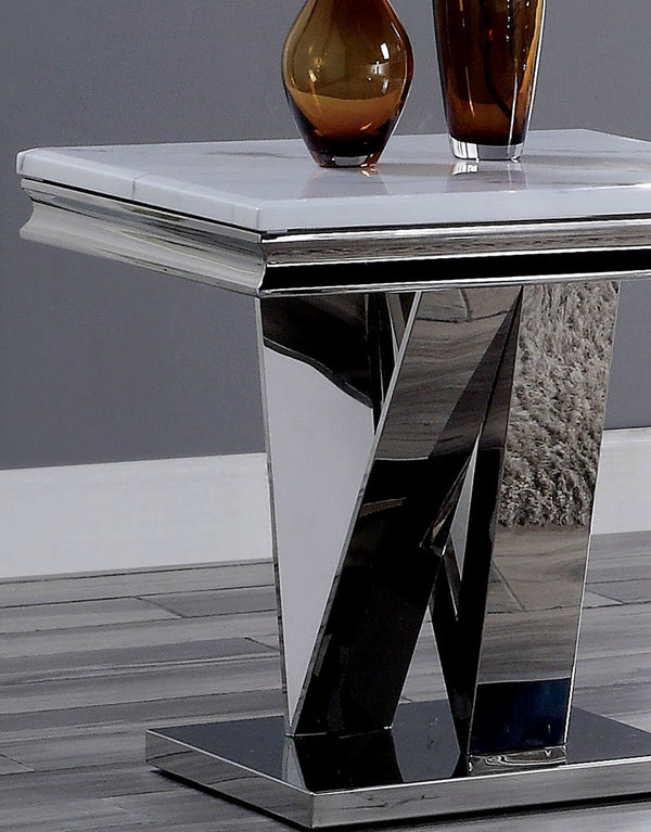 English Elm 1pc End Table Luxe Faux Marble Top with Beveled Edge, Interlocking Pedestal Base, Sleek Metal Finish, 23" Height, Elegant Accent Piece Chrome 28 L x 27 W x 3 H B2741S00434