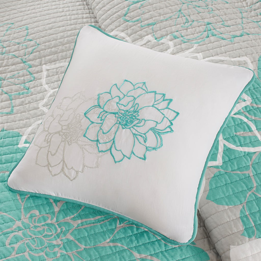 English Elm 6 Piece Printed Cotton Quilt Set with Embroidered Decorative Pillows OEKO-TEX Reversible Floral design for Full/Queen Aqua 22.83 L x 17.72 W x 13.78 H B03597446