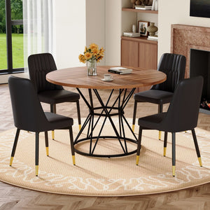 English Elm Table and Chair Set Round Walnut Mdf Top Hourglass Base with Four Pu Leather Seats Walnut+Black W1151S04837