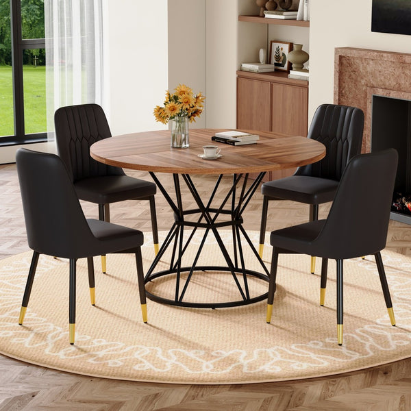 English Elm Table and Chair Set Round Walnut Mdf Top Hourglass Base with Four Pu Leather Seats Walnut+Black W1151S04837