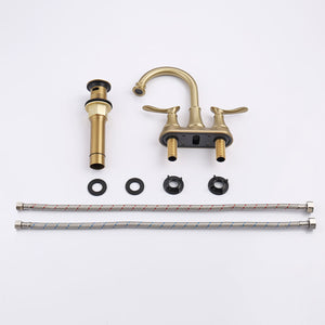 English Elm 2-Handle Brushed Gold Bathroom Faucet - Modern 4-Inch Vanity Sink Mixer With Pop-Up Drain & Hoses T3177P277470