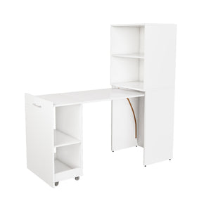 English Elm Stretchable expandable office desk with magnetic fold, lockable casters, adjustable shelves for storage and space-saving White W509P355680