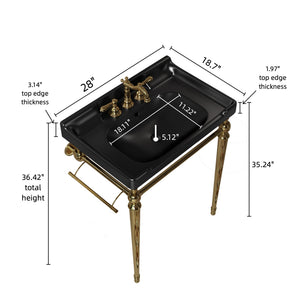 English Elm VICI 28" Bathroom Console Sink with Integrated Ceramic Basin, Overflow, Stainless Support Legs Black,Gold W2615S00111