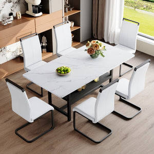 English Elm Table With Storage & 6 White Pu Chairs - Modern Scandinavian Dining Set For Stylish Family Meals W1151S04272-GIGA