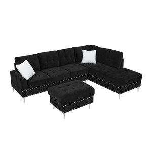 English Elm Sectional L-Shaped Chenille Sofa with Chaise Storage Ottoman, Metal Eucalyptus Frame, 4-Seater Spacious Black W1413S00117