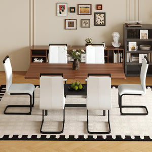 English Elm Table And Chair Set - 71" Walnut Grain Dining Table With 6 White Pu Chairs & Black Metal Legs W1151S04276-GIGA