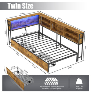 English Elm Corner Bed Frame With Storage Bookcase - Twin Daybed With Drawers, Led Lights & Charging Station! W3107P334220
