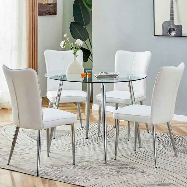English Elm Table And Chair Set - Modern 38.6" Round Glass Dining Table With 4 Stylish White Pu Chairs, Silver Legs W1151S03822-GIGA