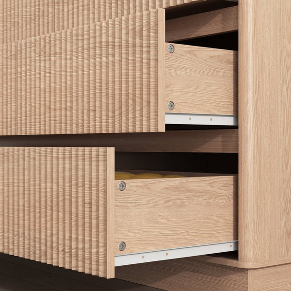 English Elm 9 Drawer Matte Wood Dresser with Wave Front Mid Century Modern Low Profile Storage Natural W409P387580
