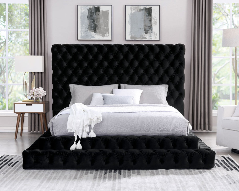 English Elm Contemporary Gray Flannelette King Bed Tufted Tall Headboard Glam Platform Frame Black B2741S00814
