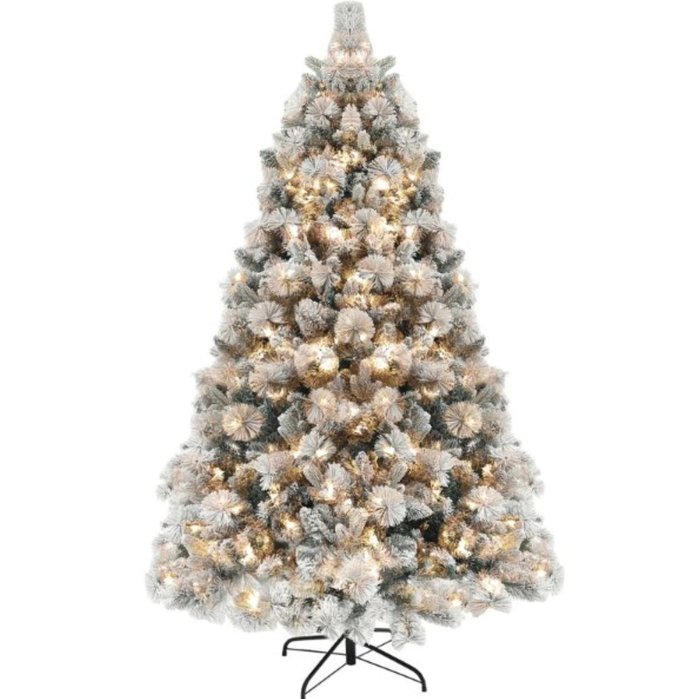 English Elm Christmas Flocked Fraser Fir Tree with Warm White Lights and Snow Dusted Branch Tips T3971P419995