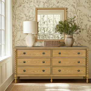 JLA Home Madison Park Signature - Large Dresser with Six Smooth-Glide Drawers, Velvet-Lined Boxes, Solid Spindle Legs, Metal Knobs, Anti-Tip Safety and 70" Width for Versatile Home Storage Natural MPS137-0325