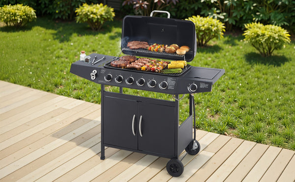 English Elm 6 Burner Propane Gas Grill with Cast Iron Grates Side and 59000 Btu Outdoor Power W1820P341741