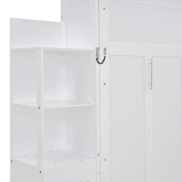 English Elm Full Size Murphy Wall Bed with Led Lighting Shelves Drawers and Fold Down Storage LP100565AAK