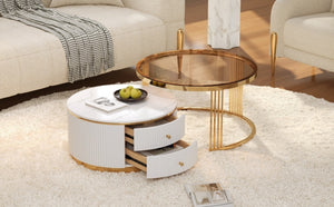 English Elm Modern Round Nesting Coffee Table Set with Gold Pedestal Legs and Storage Drawers Brown,White N735P349323D