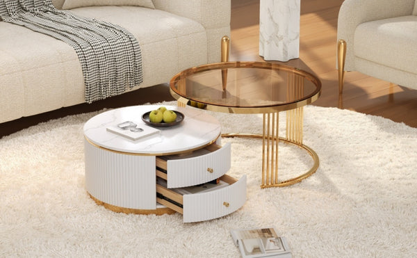 English Elm Modern Round Nesting Coffee Table Set with Gold Pedestal Legs and Storage Drawers Brown,White N735P349323D