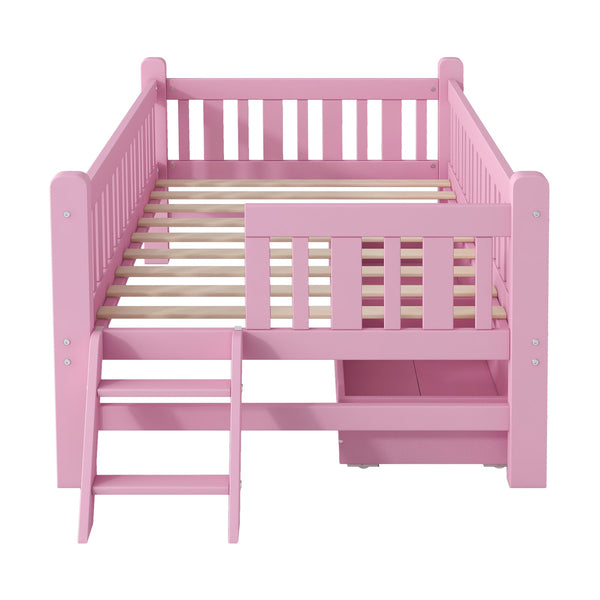 English Elm Wood Twin Platform Bed with Guardrail, Solid Pine Construction, 2 Underbed Drawers for Storage and Playroom Space Pink N709P242145H