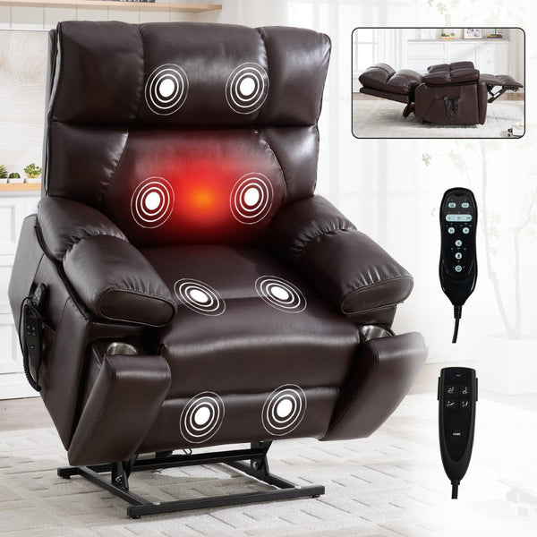 English Elm Brown Leatheraire Power Lift Recliner Dual Motor Massage Heat Heavy Duty 350lb W1803P340308