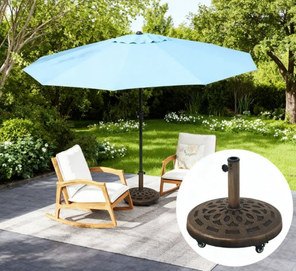 English Elm Umbrella Stand Resin Concrete Base with Lotus Relief Bronze Finish for Patio Decks T3971P427472