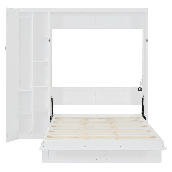 English Elm Full Size Murphy Bed with Open Shelving Wardrobe and Led Lighting for Studio Spaces White LP000898AAK-1